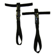A pair of black archery string slings with Velcro straps and plastic grips, designed in a T-shape with a loop at one end for securing onto a bow, offer stability similar to the French Creek U-STEP Suspension Trauma Straps (Pair) by PK Safety Supply for enhanced safety and control.