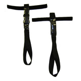 A pair of black archery string slings with Velcro straps and plastic grips, designed in a T-shape with a loop at one end for securing onto a bow, offer stability similar to the French Creek U-STEP Suspension Trauma Straps (Pair) by PK Safety Supply for enhanced safety and control.