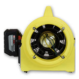 The Euramco RamFan UB20 18VDC is a yellow portable blower fan with visible wiring and a protective metal grille on the front, featuring a black and red lithium-ion battery pack attached on the left side—ideal for cordless ventilation in confined-space applications.
