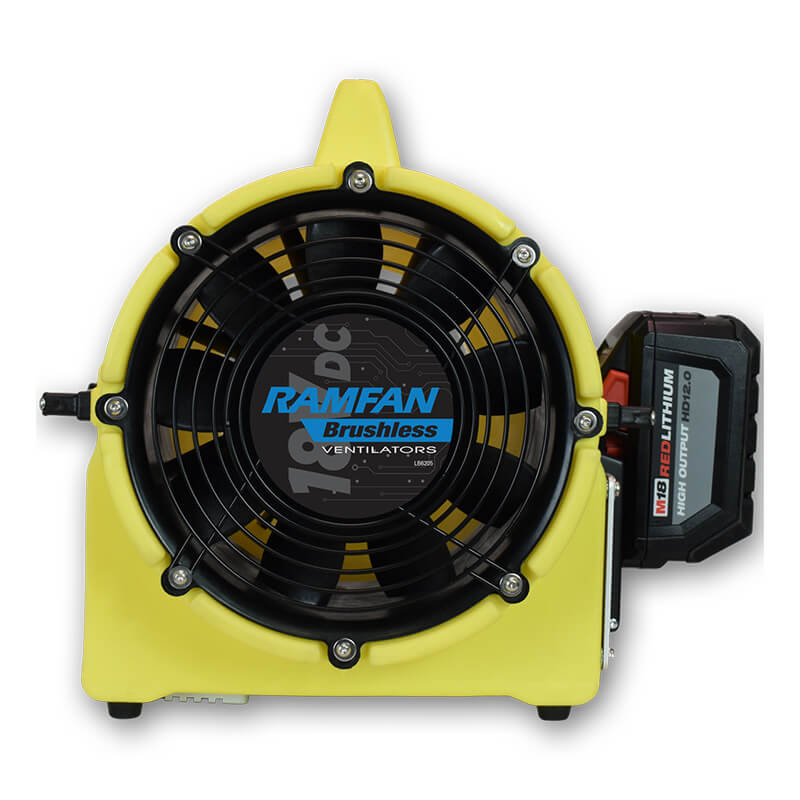 A yellow Euramco RamFan UB20 18VDC brushless ventilator designed for confined-space ventilation, featuring a black turbo blower fan and a side-mounted battery pack, viewed from the front.