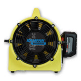 A yellow Euramco RamFan UB20 18VDC brushless ventilator designed for confined-space ventilation, featuring a black turbo blower fan and a side-mounted battery pack, viewed from the front.