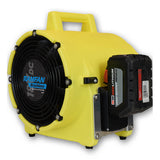 A yellow Euramco RamFan UB20 18VDC brushless ventilator featuring a black protective grill and a rechargeable battery pack mounted on the side, designed by Euramco for cordless ventilation in confined-space environments.