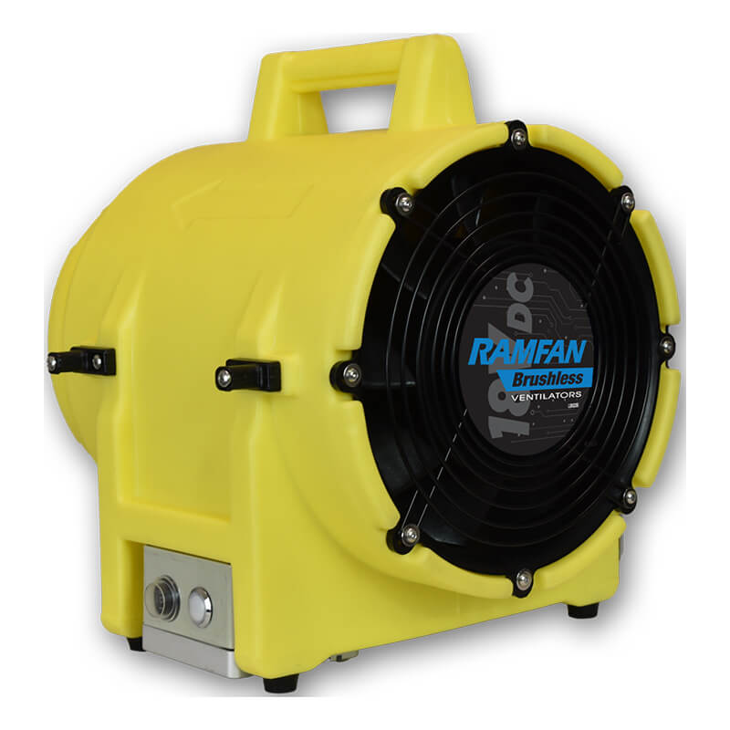 A yellow, portable Euramco RamFan UB20 18VDC brushless ventilator by Euramco, featuring a black circular fan grill and a top handle, designed for turbo blower performance in industrial or emergency settings and especially suited for confined-space ventilation.