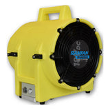 A yellow, portable Euramco RamFan UB20 18VDC brushless ventilator by Euramco, featuring a black circular fan grill and a top handle, designed for turbo blower performance in industrial or emergency settings and especially suited for confined-space ventilation.