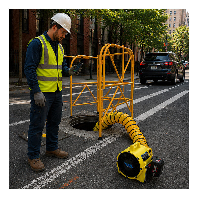 A construction worker in a safety vest and helmet stands by an open manhole with a Euramco RAMFAN UB20 18VDC and Quick-Couple Canister ventilation hose and safety barrier on a city street.