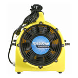 A yellow Euramco RamFan UB20 Blower with duct and canister (15 and 25 ft), featuring a coiled black cord on top and a blue logo on the front grill, is shown from the front against a white background—ideal for industrial use.