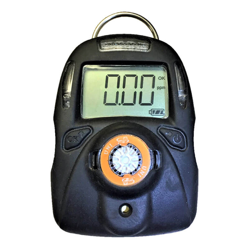 The mPower Electronics UNI MP100 ClO2 Single Gas Detector (M001-0072-000) is a black portable device featuring a digital screen showing "0.00 ppm," "OK" buttons, and an orange-accented circular sensor, ideal as a single gas monitor.