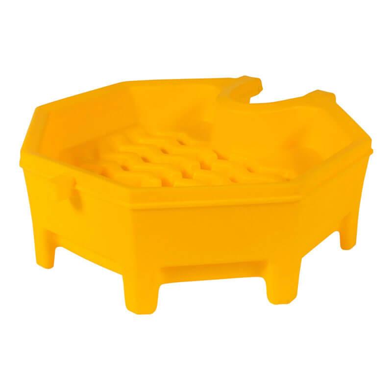 A vibrant yellow, octagonal sandbox with elevated sides and a textured bottom rests on four short legs. The design ingeniously features a recessed section at one end, similar to the UltraTech Global Funnel 049_ by UltraTech International.