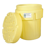 A large, open yellow plastic salvage drum with a screw-top lid leaning against it highlights the exceptional chemical resistance of UltraTech International's overpack poly drums. The label reads "UltraTech Overpack Plus 95 Gallon Salvage Drum," and the lid features several raised circular patterns engineered for enhanced spill response.