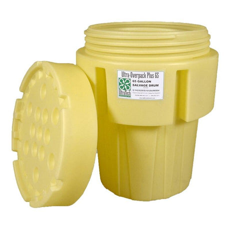 The UltraTech Overpack Plus Salvage Drum 058 by UltraTech International is a yellow, 95-gallon drum with a detached lid, ideal for spill response and containing hazardous materials. This cylindrical overpack drum features chemical resistance, reinforced ribbing, and safety compliance labeling.