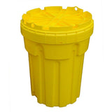 The UltraTech Overpack Plus Salvage Drums 058 from UltraTech International is a large, bright yellow plastic container with a screw-top lid ideal for spill response. Its robust, cylindrical design features reinforced sides and a cross pattern on the lid, ensuring excellent chemical resistance and added durability comparable to overpack poly drums.