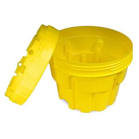 The UltraTech Overpack Plus Salvage Drums 058, designed by UltraTech International, is a large, round yellow plastic container with an industrial design. Its ribbed exterior provides a secure grip, and it includes a matching lid that is partially open. This poly drum is perfect for spill response or transporting materials requiring chemical resistance.