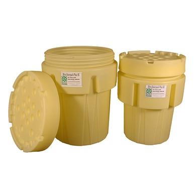 Two UltraTech Overpack Plus Salvage Drums 058_ from UltraTech International, characterized by their yellow cylindrical shape and plastic construction with screw-on lids, are displayed. One drum is open, showcasing an empty interior perfect for spill response scenarios, while the other remains closed. Each drum features a label and a textured lid for enhanced grip, providing outstanding chemical resistance.