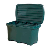 The UltraTech Utility Box 086_ by UltraTech International is a large green, heavy-duty storage container with a hinged lid that reveals a spacious interior. It boasts ribbed sides and a flat base, making it ideal for outdoor or garage use as the perfect utility box.