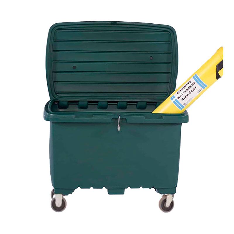 A green UltraTech Utility Box 086_ by UltraTech International, featuring an open lid and supported by four sturdy wheels, contains a rolled-up yellow banner labeled "Environmentally-friendly De-Icing Compound.