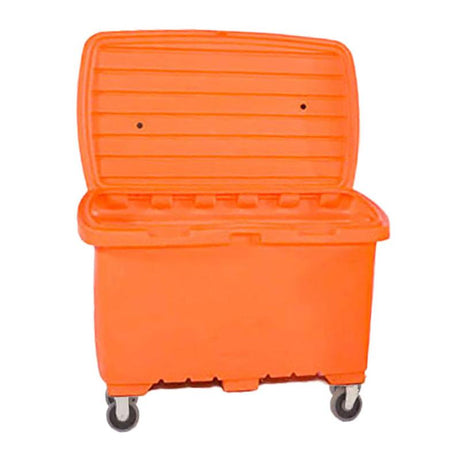 The UltraTech Utility Box 086_ by UltraTech International is an orange, rectangular storage solution featuring a hinged lid that opens to reveal its empty interior. Designed for heavy-duty use, it is equipped with four wheels at the bottom for easy mobility.