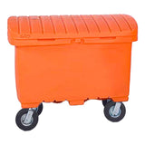 The UltraTech Utility Box 086 from UltraTech International is an orange recycling bin equipped with a ridged lid, perfect for outdoor use and suitable as a heavy-duty storage solution. It comes with four black wheels for effortless mobility.