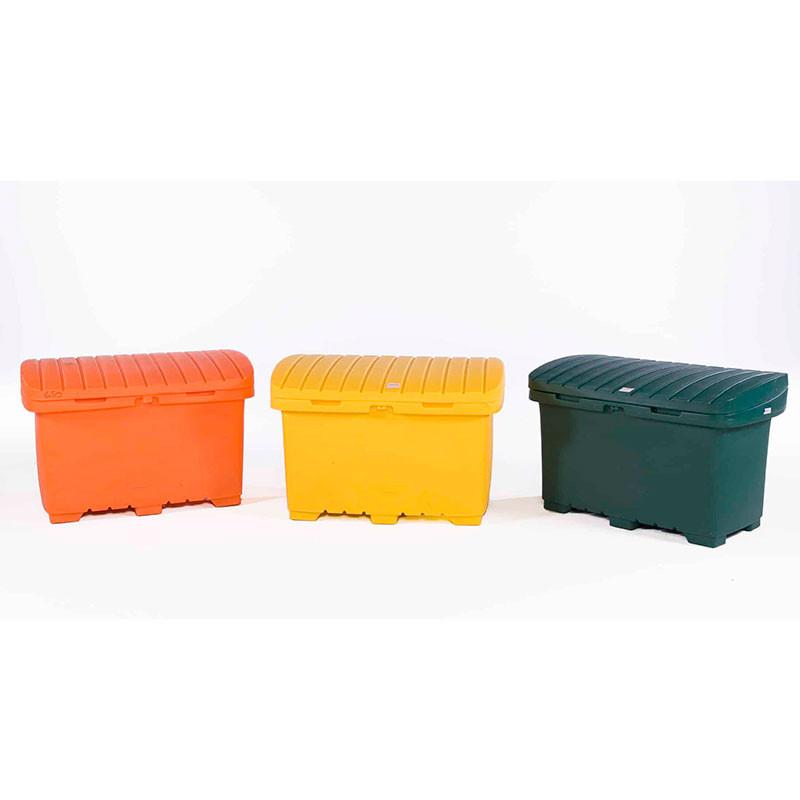 Three UltraTech Utility Box 086_ units from UltraTech International are aligned side by side on a plain background. These heavy-duty storage solutions come in orange, yellow, and green, each featuring a ribbed design on top. Perfect for organizing your space efficiently.
