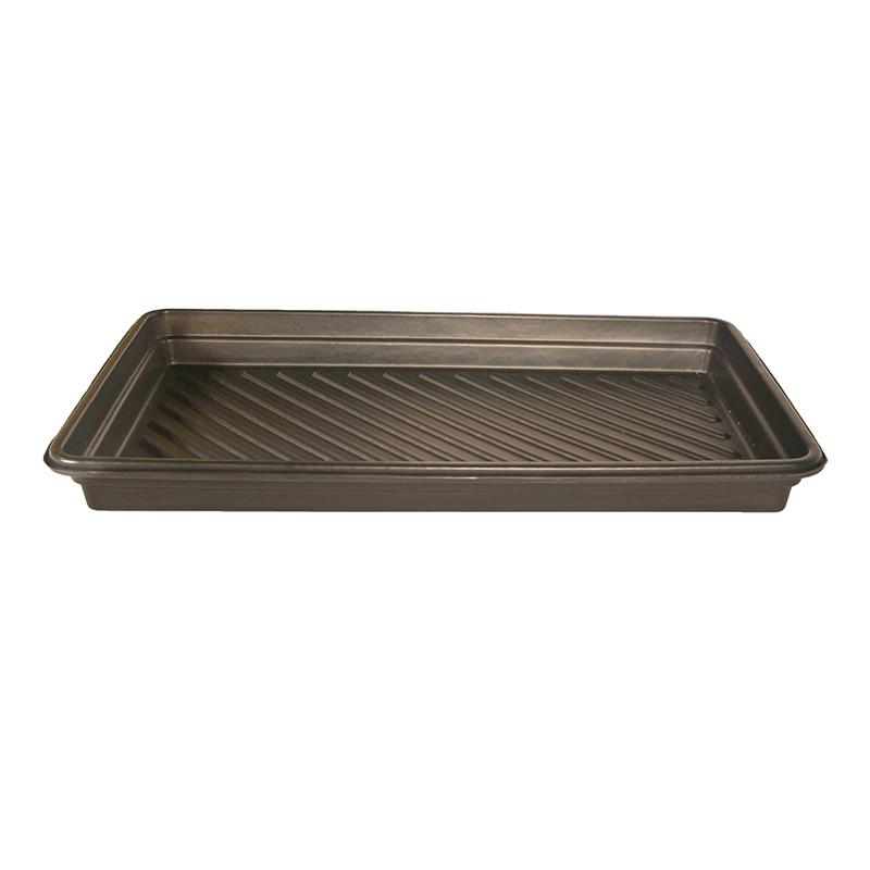 The UltraTech Utility Tray 103_ from UltraTech International is a black, rectangular shallow tray made from heavy-duty polyethylene, designed with grooved diagonal lines at the bottom for effective spill containment and featuring a flat edge around the perimeter.