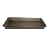 The UltraTech Utility Tray 103_ from UltraTech International is a black, rectangular shallow tray made from heavy-duty polyethylene, designed with grooved diagonal lines at the bottom for effective spill containment and featuring a flat edge around the perimeter.