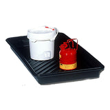 The UltraTech Utility Tray 103_, designed by UltraTech International, is made from heavy-duty polyethylene and accommodates a red metal container alongside a white plastic bucket. Its precisely engineered grooves provide excellent spill containment.