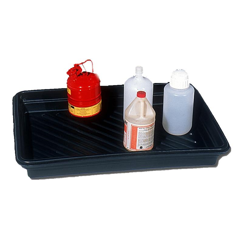 The UltraTech Utility Tray 103_, designed by UltraTech International from durable polyethylene, safely accommodates a red metal can with a spout and handle, a translucent bottle with a white cap, a white plastic bottle filled with red liquid, and an empty clear bottle. The spill containment tray is equipped with a ribbed surface to enhance stability.