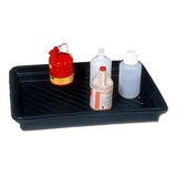 The UltraTech Utility Tray 103_, designed by UltraTech International from durable polyethylene, safely accommodates a red metal can with a spout and handle, a translucent bottle with a white cap, a white plastic bottle filled with red liquid, and an empty clear bottle. The spill containment tray is equipped with a ribbed surface to enhance stability.