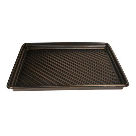 The UltraTech International Utility Tray 103_, crafted from black metal with diagonal ridges, is showcased against a white background. Perfectly engineered for spill containment, this heavy-duty tray guarantees durability and efficiency.