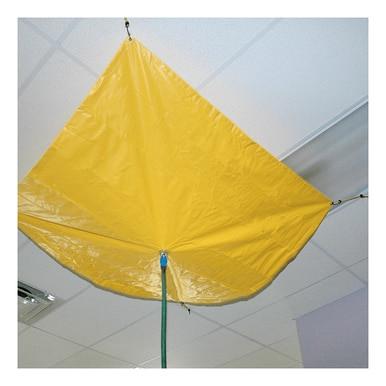 An UltraTech Roof Drip Diverter 178, featuring a bright yellow, triangular design made from vinyl-coated fabric by UltraTech International, is installed on the ceiling with its center pointing downward and connected to a hose for water drainage. This product is ideal for emergency leak protection. The ceiling consists of white panels.