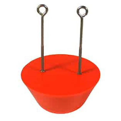 The UltraTech Drain Plug 211, by UltraTech International, is designed in red with a circular shape and is crafted from flexible polyurethane material. It features two vertically protruding metal loops, making it perfect for aquatic use or mooring.