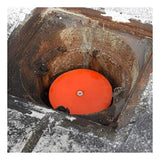 A rusted, square metal hatch in a concrete surface reveals a bright orange UltraTech Drain Plug 211_ from UltraTech International nestled inside, surrounded by weathered, aged material—a reliable spill response solution crafted from flexible polyurethane material.