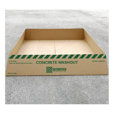 A brown cardboard container with green text reads "UltraTech Concrete Washout Berms - Economy Model 351." The box, ideal for EPA compliance and featuring an innovative portable berm design, sits on a concrete surface. It prominently displays "UltraTech International" alongside capacity details and a "Do Not Overfill" warning.