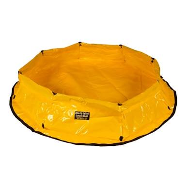 A large, round, yellow UltraTech Economy Model Pop Up Pool with a black base and a small black label on the side. Its wavy edge suggests it's ideal for spill containment or emergency response, making it an efficient portable solution for holding liquids.