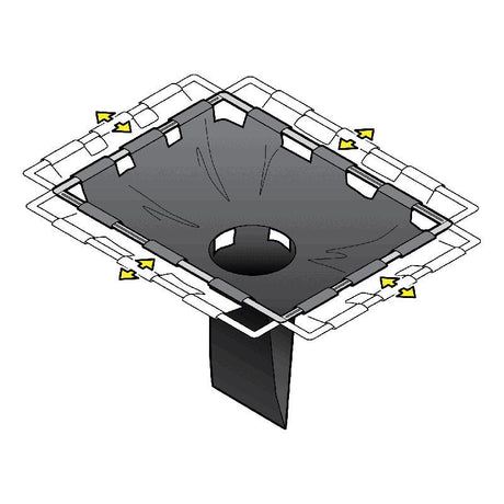 Illustration of the UltraTech Drain Guard, Adjustable Frame Model by UltraTech International, featuring a rectangular steel framework and a central funnel. Yellow arrows indicate airflow or direction along the edges, presenting a modern, mechanical design.