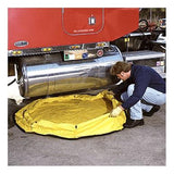 A man in a blue jacket kneels next to a red truck, intent on an emergency response task as he unfolds an UltraTech Economy Model Pop Up Pool 8_ _ _-YEL from UltraTech International on the ground beside a silver fuel tank.