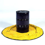 An UltraTech International black industrial barrel is positioned on an unfolded UltraTech Economy Model Pop Up Pool in yellow, resembling a pop-up pool, against a white background.