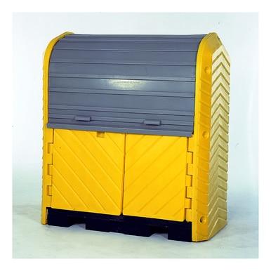 UltraTech International's UltraTech Hard Top P2 Plus Spill Pallet 961_ is a yellow and gray plastic storage solution designed for effective spill containment. It features a roll-up top and double front doors, set against a plain white background. The textured surface is slightly elevated on a sturdy black base, providing enhanced safety and stability.