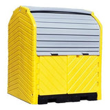 The UltraTech Hard Top P4 Plus Spill Pallet 963 by UltraTech International is a yellow outdoor storage container featuring a gray roll-up lid. Its chevron pattern design makes it ideal for use as a spill pallet or drum containment solution. Crafted from durable plastic material, it ensures resilience in various weather conditions.