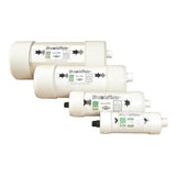 Four white inline water filters of varying sizes are arranged horizontally, each featuring the label "UltraTech Self Bailer 99_ _" and bearing the UltraTech International brand logos. Black arrows on each filter indicate the water flow direction, highlighting efficient stormwater filtration designed for hydrocarbon removal.