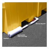 A close-up of a yellow UltraTech Self Bailer 99_ _ rainwater harvesting tank on a concrete surface. White pipes labeled "Outflow," "Replaceable Filter Cartridge," and "Manual Shutoff" are attached, showcasing UltraTech International's design for efficient stormwater filtration and water management.