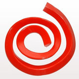 A glossy red plastic object, shaped like a spiral, is set against a simple light backdrop. Its wide outer curve narrows as it spirals inward, creating a visually striking design that resembles the UltraTech Spill Berm by UltraTech International. This product is ideal for temporary secondary containment and measures 10 feet in length.