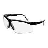 The Uvex Genesis Lightweight Comfort Safety Glasses S320 (10/box) feature a sleek black design with clear lenses. The lightweight frame includes adjustable temple arms to ensure a comfortable fit, making these glasses ideal for eye protection during various activities.