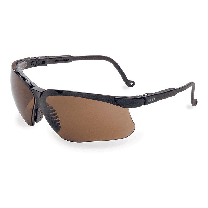 The Uvex Genesis Lightweight Comfort Safety Glasses S320, designed with black wraparound frames and tinted brown lenses, feature adjustable temples. These stylish and sporty glasses offer complete eye protection for both style and safety.