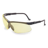 The Uvex Genesis Lightweight Comfort Safety Glasses S320 (10/box) feature black adjustable frames and curved arms, offering yellow-tinted lenses for optimal eye protection.