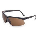 The Uvex Genesis Lightweight Comfort Safety Glasses S320 offer a stylish design with black frames and brown tinted lenses, perfect for sporty and casual wear. These protective glasses feature curved temples to ensure a secure fit.