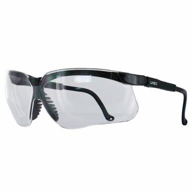 The Uvex Genesis Lightweight Comfort Safety Glasses S320 (10/box) offer reliable eye protection with their transparent lenses and black frames. They feature slightly curved side arms and an adjustable nose piece for enhanced comfort, making them ideal as safety eyewear in various environments.