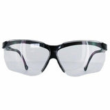 The Uvex Genesis Lightweight Comfort Safety Glasses S320 feature black frames and clear, curved lenses, utilizing multi-material technology for superior protective eyewear.