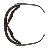 A pair of Pyramex Safety V2G Goggles GB18_0ST (12/box) seen from above, with arms extended and nose pads visible, combining style with essential eye protection.