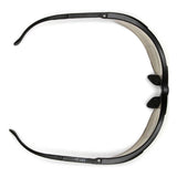 A pair of Pyramex Safety Venture II V2 Reader Safety Glasses (6/box) is shown from above, highlighting the curved arms, nose pads, and the semi-circular frame design.
