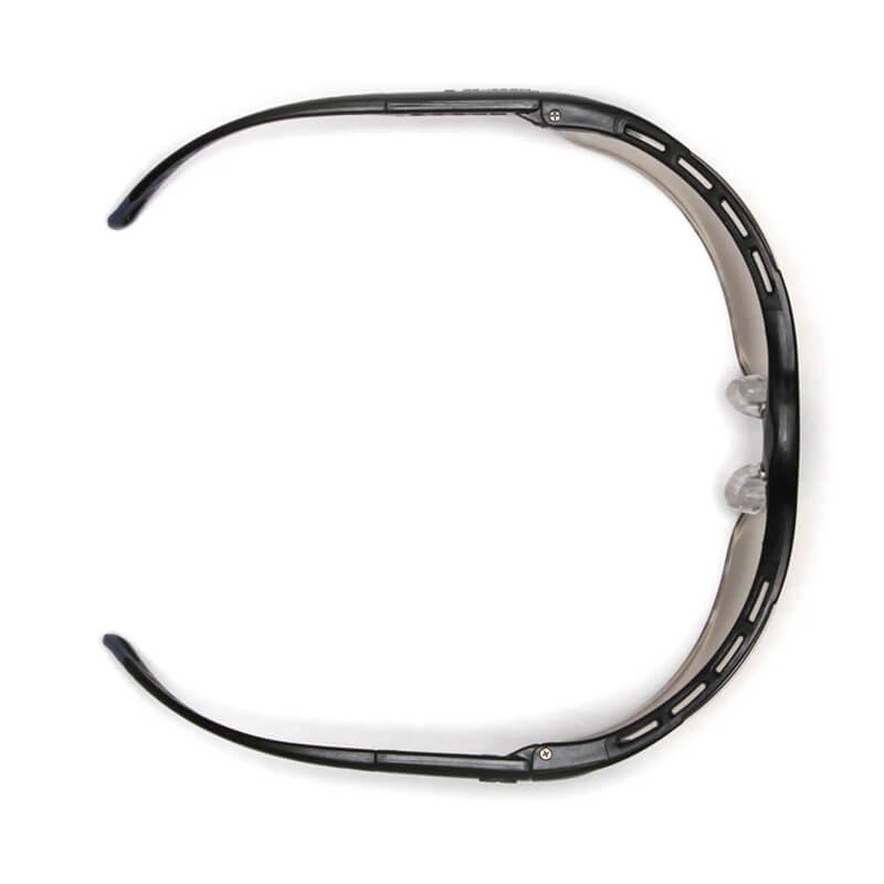 Top view of Pyramex Venture 3 Safety Glasses SB57 by Pyramex Safety, featuring black ventilated side frames, adjustable nose pads, and UV protection, arranged semi-circularly on a white background.